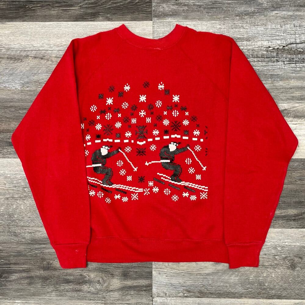 Vintage 80s Ski Snowflakes Red Men M Pixelated Sweatshirt Retro Alaska‎ Crewneck